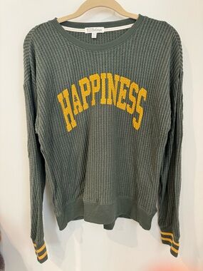 P.J. Salvage Olive Waffle Knit Pullover with Yellow 'HAPPINESS' Size Medium